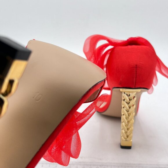 FSJ Red Mesh Gold Metal Chain Chunky High Heels Ankle Strap Open Toe Sandals - Picture 6 of 8